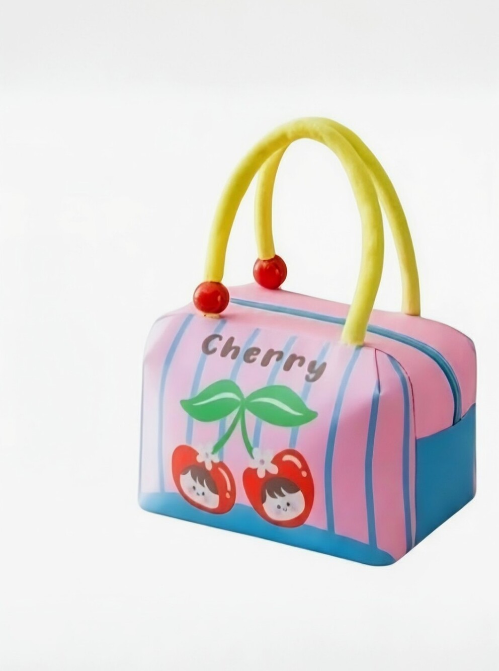 Cartoon Cherry Stripe Insulated Lunch Bag Tote Yellow Plush Handles